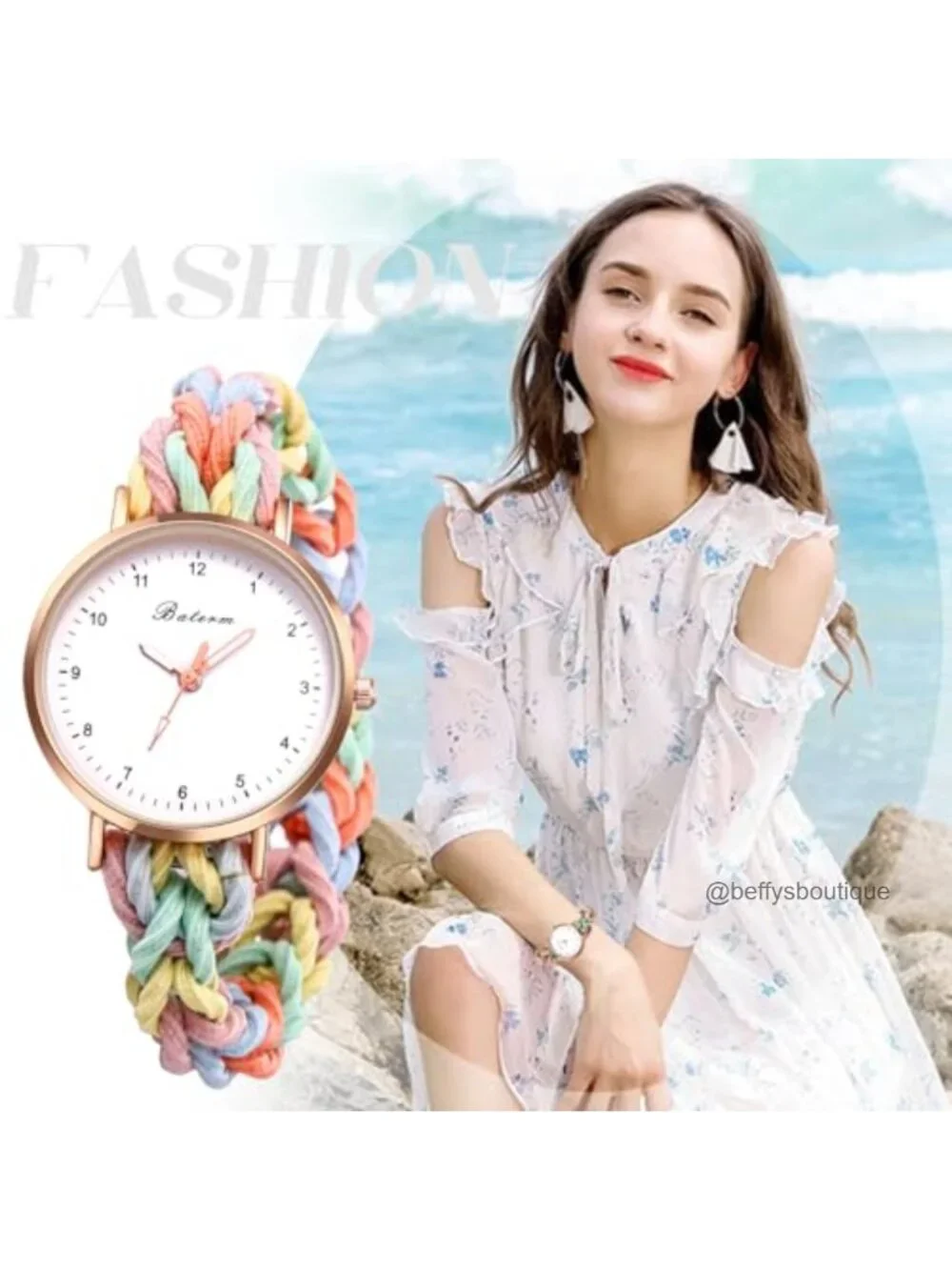 Women's Analog Quartz Wrist Watch with Elastic Stretch Nylon Rope Band
